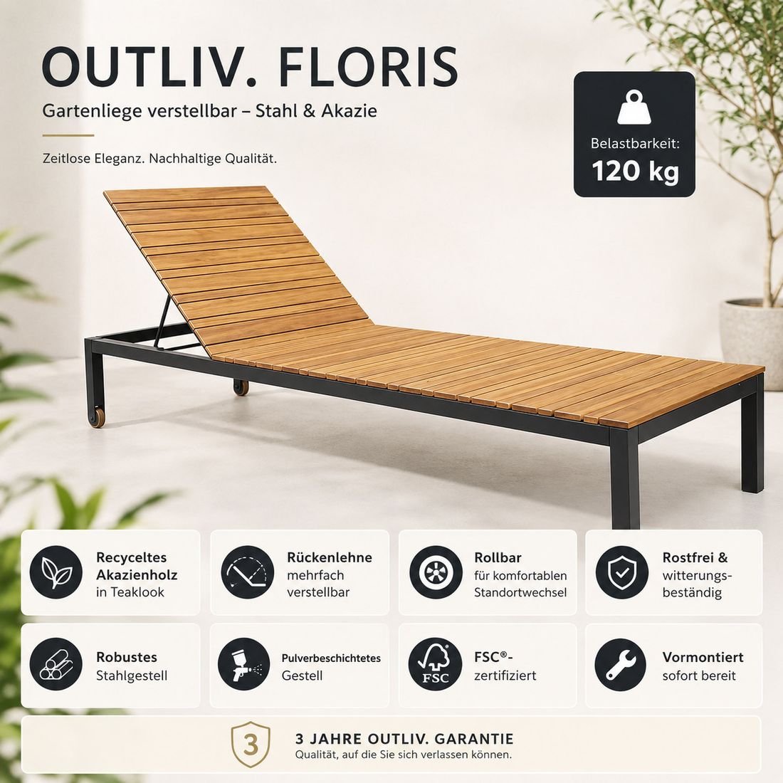 OUTLIV. Floris Gartenliege verstellbar Stahl/Akazie