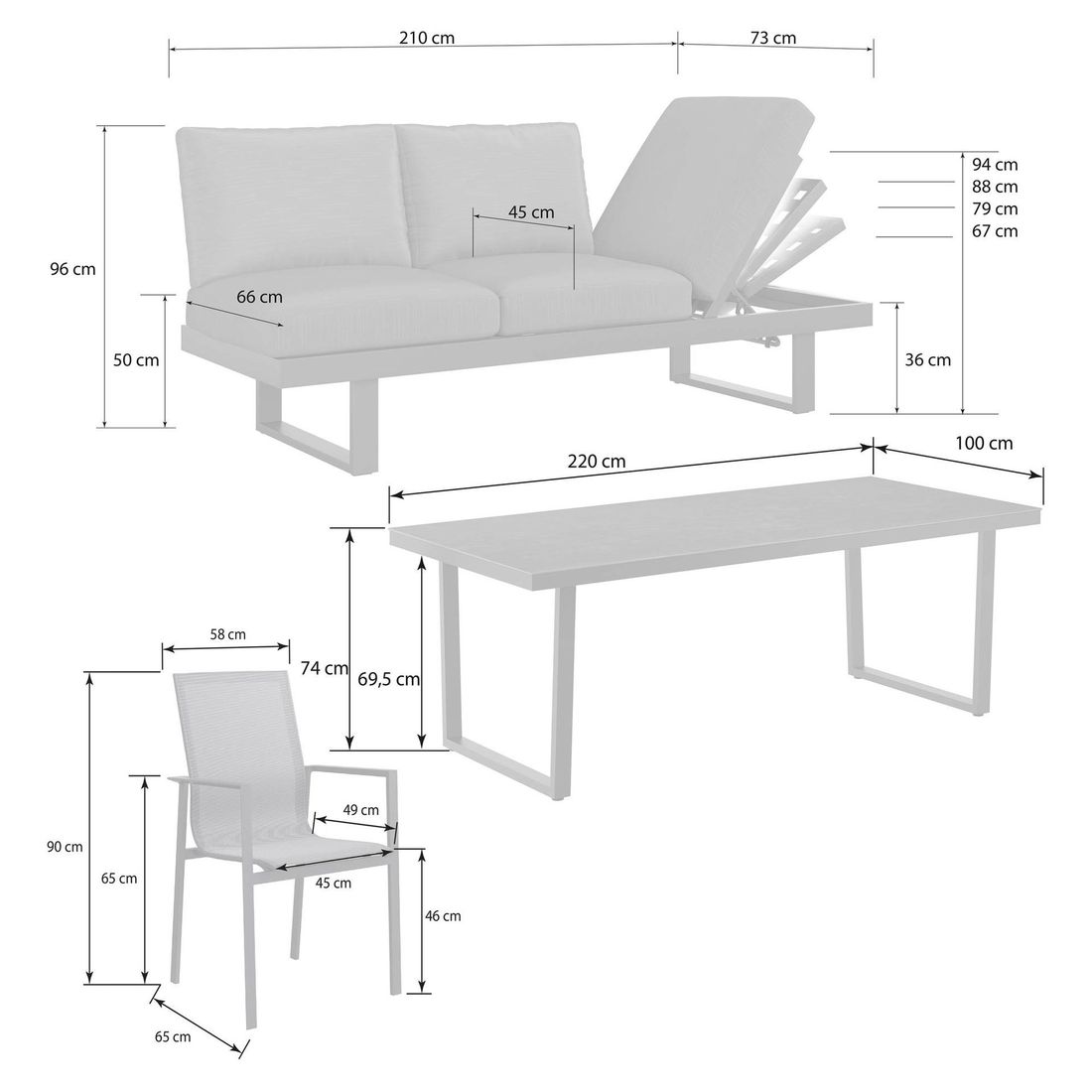 OUTLIV. Atlanta Gartenmöbel-Set L verstellbar (6 Plätze) Tisch 220x100cm