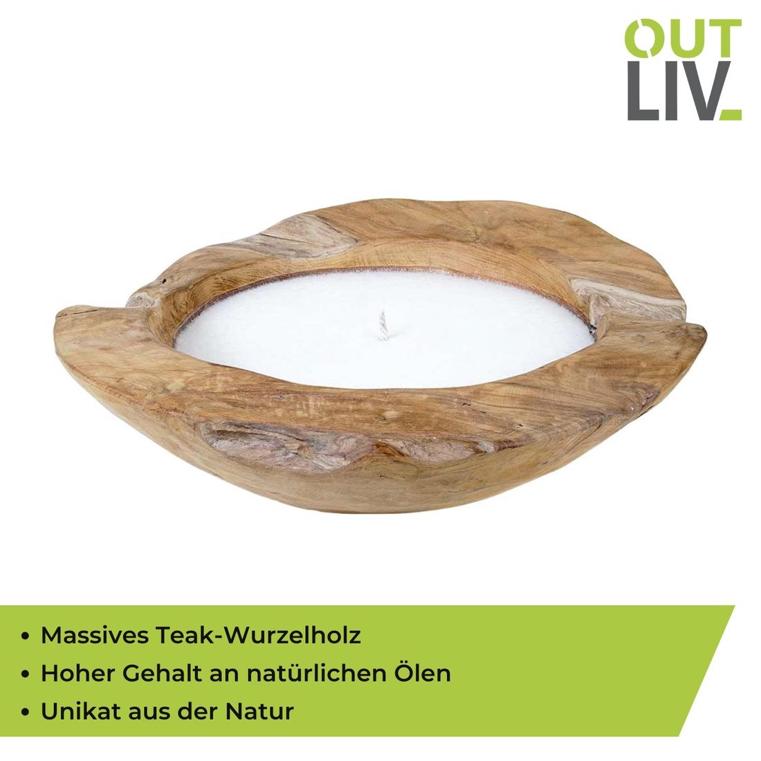 OUTLIV. Deko Kerze mit Schüssel Teak Wurzel