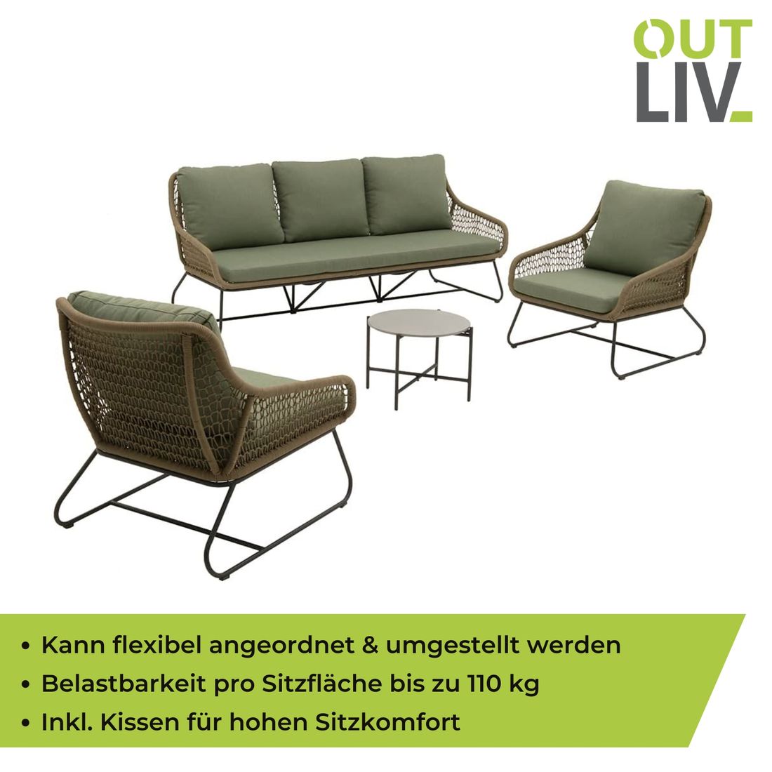 OUTLIV. Portofino Loungeset inkl. Loungetisch Stahl/Rope