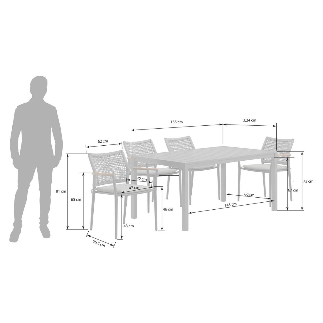 OUTLIV. Aruba Gartenmöbel-Set M (4 Plätze) Tisch 155x90cm