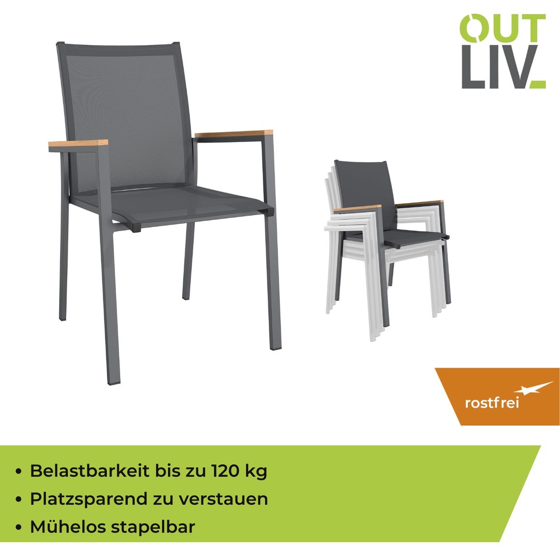OUTLIV. Kobe Stapelsessel Aluminium/Textilene mit Teakarmlehnen