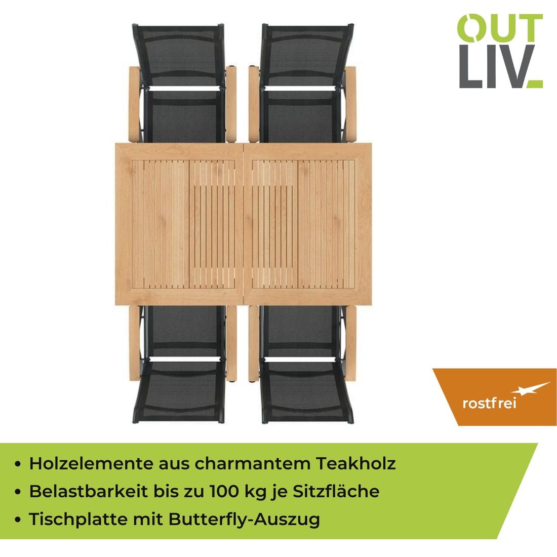 OUTLIV. Alpha Gartenmöbel-Set M verstellbar (4 Plätze) Tisch 150/210x90cm