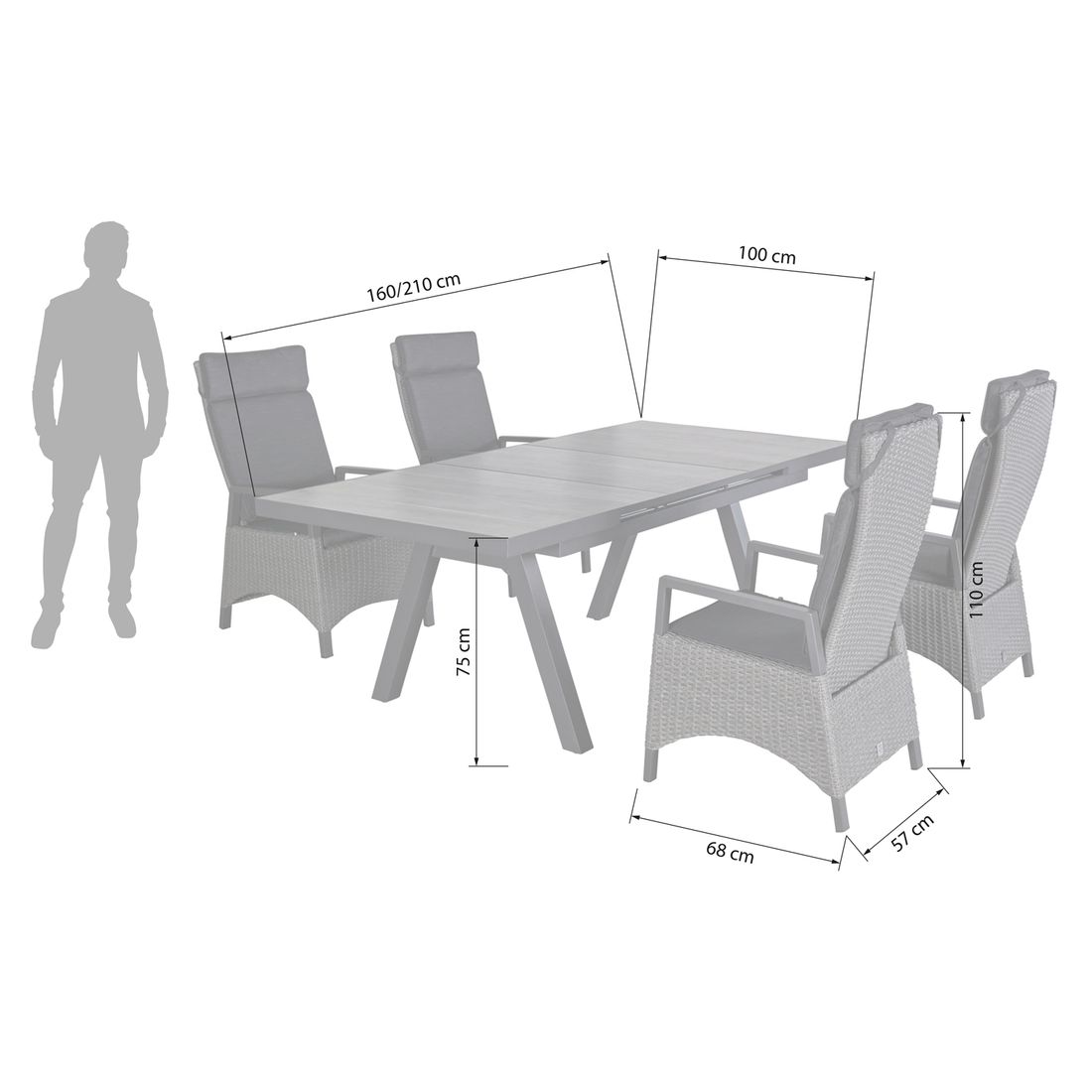 LC Garden Keramo Gartenmöbel-Set M verstellbar (4 Plätze) Tisch 160/210x100cm