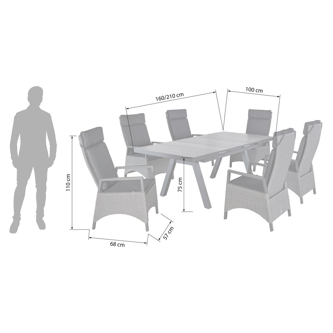 LC Garden Keramo Gartenmöbel-Set L verstellbar 6 (Plätze) Tisch 160/210x100cm