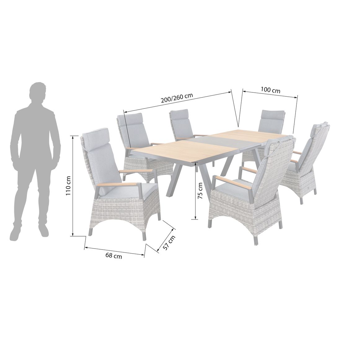 LC Garden Keramo Gartenmöbel-Set L verstellbar (6 Plätze) Tisch 200/260x100cm