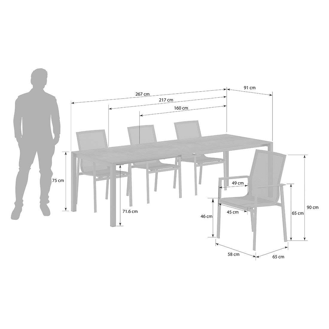 OUTLIV. Atlanta Gartenmöbel-Set M (4 Plätze) Tisch 160/217/267x91cm