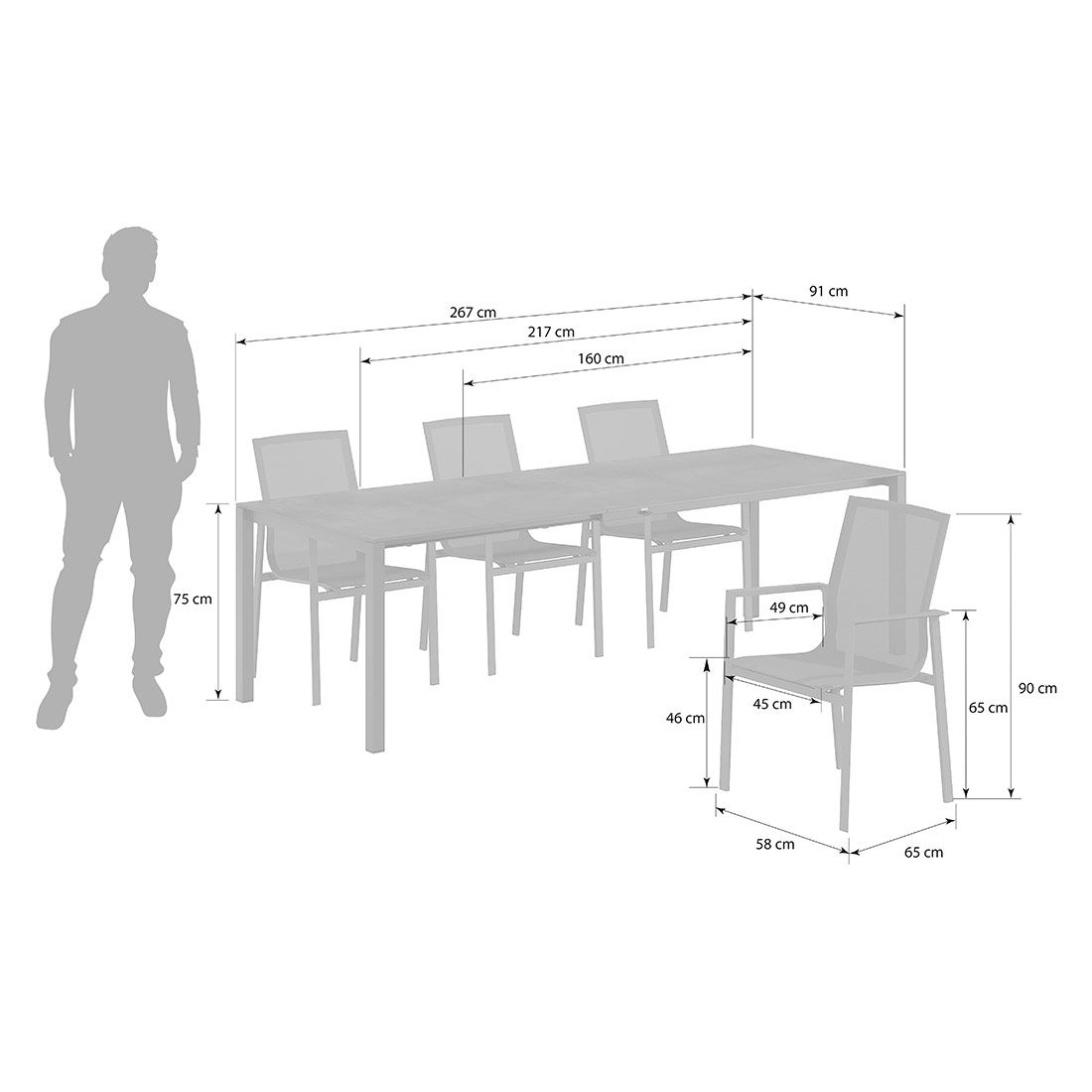 OUTLIV. Atlanta Gartenmöbel-Set M (4 Plätze) Tisch 160/217/267x91cm