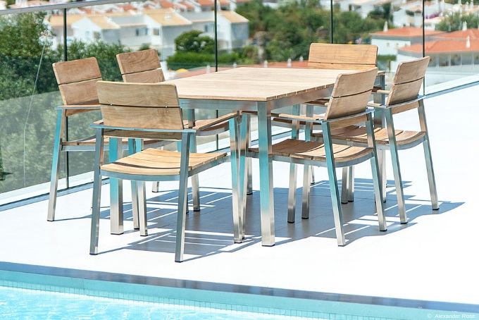 Gartenmöbel Sitzgruppe aus Edelstahl und Teak Gartenmöbel Sitzgruppe aus Edelstahl und Teak