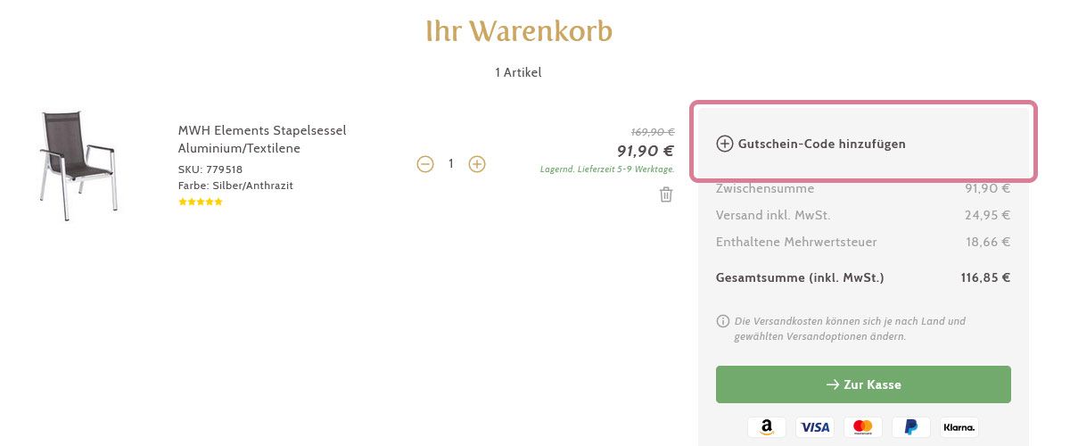 Info Gutschein einlösen im Warenkorb