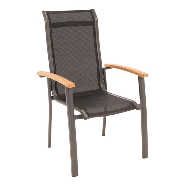 OUTLIV. Alpha Stapelsessel Aluminium/Textilene Teakarmlehnen Schwarz|Dunkelgrau SD-C-114ABT