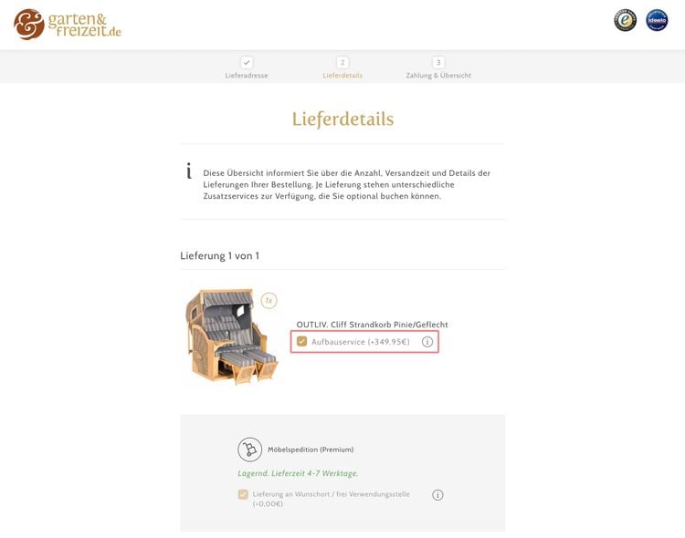 Buchung des Aufbauservice im zweiten Warenkorb-Schritt